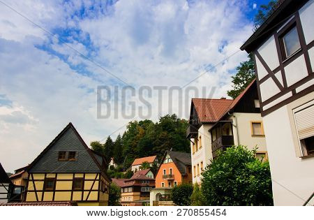 Rathen, Germany - August 4th, 2018: Rathen, Saxon Switzerland National Park. View Of German Houses O