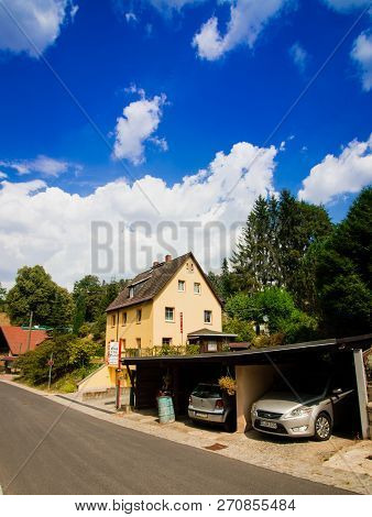 Rathen, Germany - August 4th, 2018: Rathen, Saxon Switzerland National Park. View Of German Houses O
