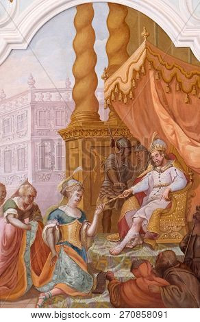 BRONNBACH, GERMANY - JULY 07, 2018: Ceiling frescoe by Johann Adam Remele in Joseph Hall, Cistercian Abbey of Bronbach in Reicholzheim near Wertheim, Germany