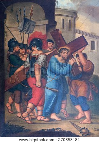 RETZBACH, GERMANY - JULY 04, 2018: 2nd Stations of the Cross, Jesus is given his cross, Maria im Grunen Tal pilgrimage church in Retzbach in the Bavarian district of Main-Spessart, Germany