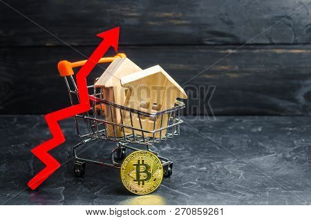 A Supermarket Cart With Houses And Bitcoin And A Red Arrow Up. Growth Value Bitcoin And The Reliabil