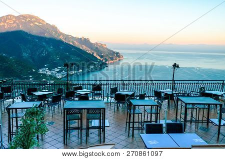 Empty Open Air Street Restaurant At Ravello Village, Tyrrhenian Sea, Amalfi Coast