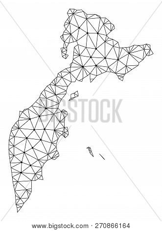 Polygonal Mesh Map Of Kamchatka Peninsula In Black Color. Abstract Mesh Lines, Triangles And Points 