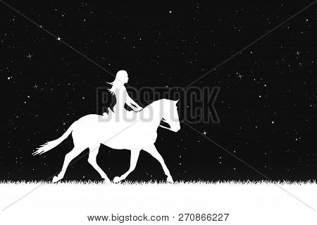 Girl On Horse By Sea At Night. Vector Illustration With Silhouette Of Running Horse And Female Rider