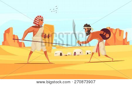 Ancient Warriors Fighting In Desert With Weapons Background Flat Vector Illustration