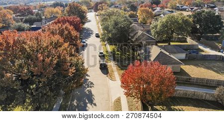 Panoramic Aerial View Residential Neighborhood In Fall Season In Texas, America