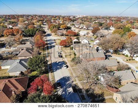 Aerial View Residential Neighborhood In Fall Season In Texas, America