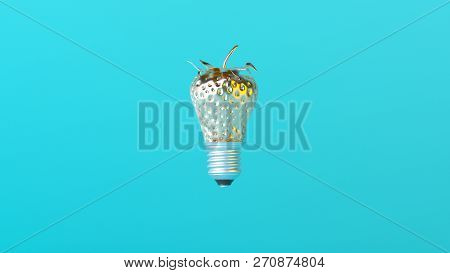 Metal Textured Strawberry Lightbulb Idea On Blue Background. Minimal Idea Concept. Trendy Pastel Col
