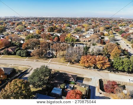 Aerial View Residential Neighborhood In Fall Season In Texas, America