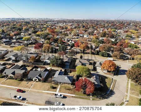 Aerial View Residential Neighborhood In Fall Season In Texas, America