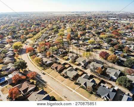 Top View Residential Neighborhood With Swimming Pool In Fall Season In Texas, America