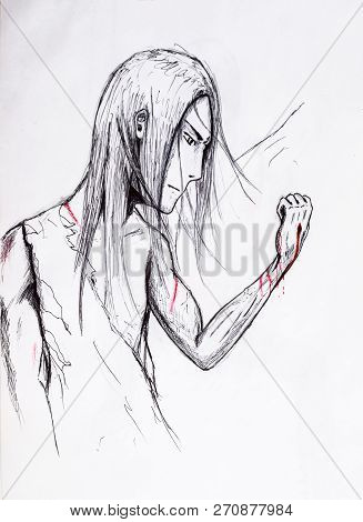 Anime Hero Man With Long Hair Injured His Hand And Looks At The Wound