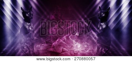 Egyptian Cat Goddess Bastet On A Dark Abstract, Futuristic Backg