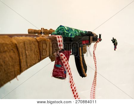 Fake Ak Kalashnikov Assault Rifle Hanging On White Background