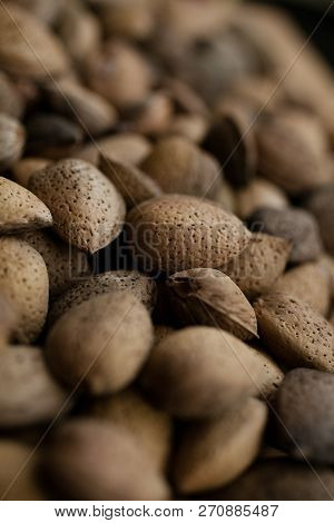 Almonds Texture And Background For Design. Close Up View Of Shelled Almonds. Heap Of Almonds. Organi