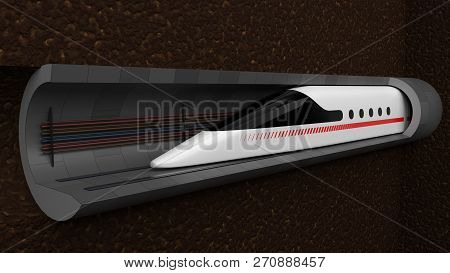 High Speed Train. Concept Design For Magnetic Levitation And Vacuum Tunnel Technology. 3d Illustrati