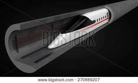 High Speed Train. Concept Design For Magnetic Levitation And Vacuum Tunnel Technology. 3d Illustrati