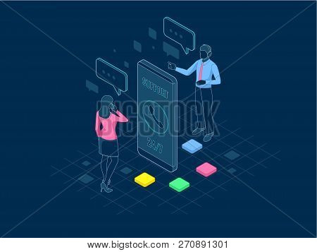 Isometric User Support Service Or Call Center In Outline. Customer Service Banner Vector Illustratio