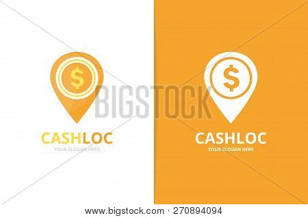 Vector Coin And Map Pointer Logo Combination. Money And Gps Locator Symbol Or Icon. Unique Cash And 