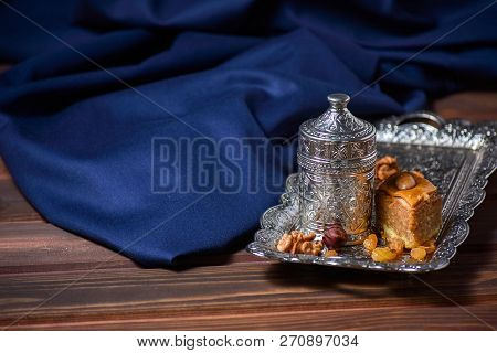 Turkish Coffee Turkish Delight. Assorted Nuts And Sweets On The Plate.