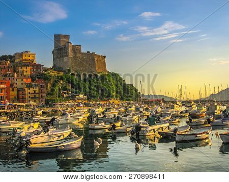 Castle Of Lerici In San Giorgio Square At Sunset. View From Lerici Harbor At Twilight. Italy In Ligu