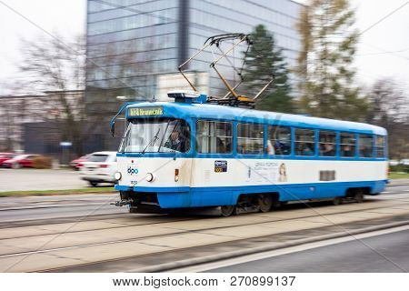 Ostrava, Czech Republic - November 23, 2018: Ckd Tatra T3g Tram Of Dpo Company Quickly Driving In Os