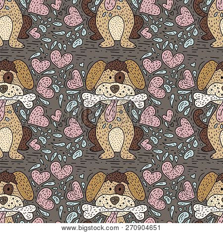 Happy Detailed Doodle Hand Drawn Dog With A Bone And Hearts.seamlesss Doodle Color Pattern For Kids.