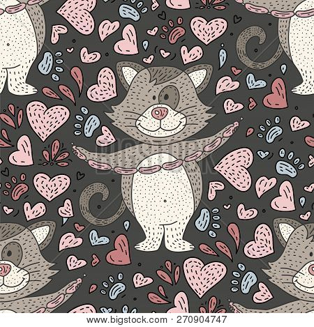 Seamlesss Doodle Color Pattern For Kids With Hand Drawn Cat. Animal Vector Illustration. Color Carto