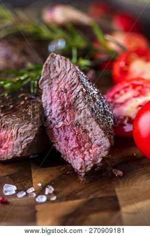 Fresh Juicy Medium Rare Beef Grillsteak. Barbecue Meat Close Up