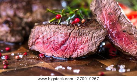 Fresh Juicy Medium Rare Beef Grillsteak. Barbecue Meat Close Up
