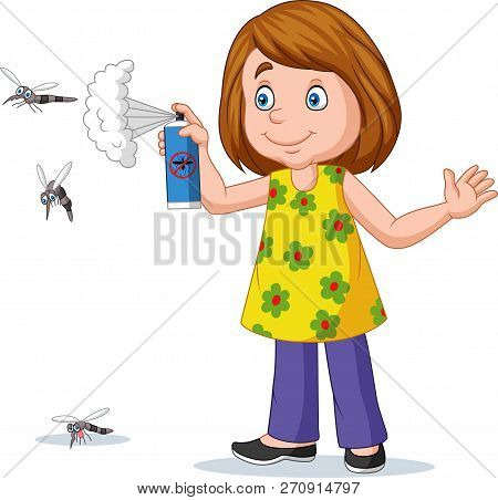 Vector Illustration Of Cartoon Girl Spraying A Mosquito
