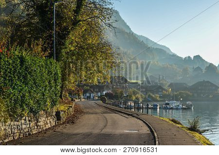 Beautiful Town Of Lake Brienz, Switzerland. The Turquoise Lake Brienz Is Set Amid The Spectacular Mo