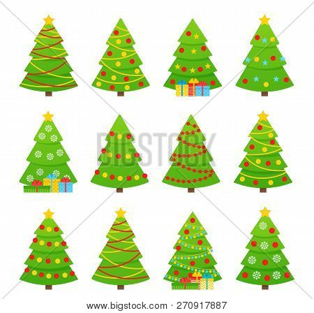 Christmas Tree. Vector. Tree Icon In Flat Design. Xmas Cartoon Background. Set Merry Spruce Firs. Wi