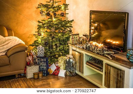 Merry Christmas Beautiful Living Room Tree Setup Aith Gifts Decorated For Happy Holidays At Home