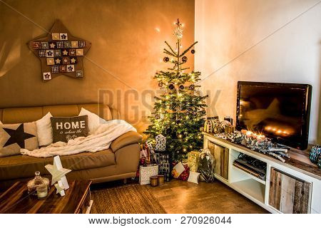 Merry Christmas Beautiful Living Room Tree Setup Aith Gifts Decorated For Happy Holidays At Home