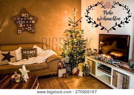 Merry Christmas Beautiful Living Room Tree Setup Aith Gifts Decorated At Home Textspace Saying Merry