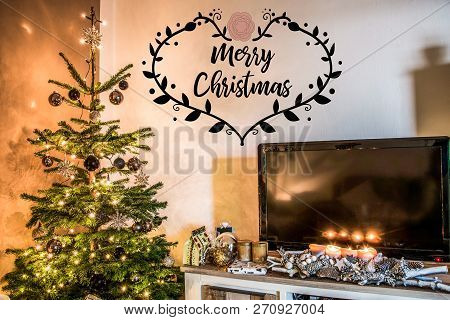 Merry Christmas Beautiful Living Room Tree Setup Aith Gifts Decorated At Home Textspace Saying Merry