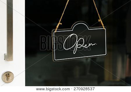 Open, wooden door sign mockup