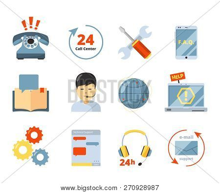 Call Center Icon. Service 24h Support Help Office Managers Consultants Computer Admin In Headset Vec