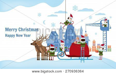 Merry Christmas And Happy New Year. Elves Helpers Collect Gifts In The Bag Of Santa Claus, Sleigh Wi