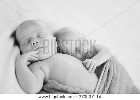 Sweet Twins Are Sleeping And Hugging In Soft Focus