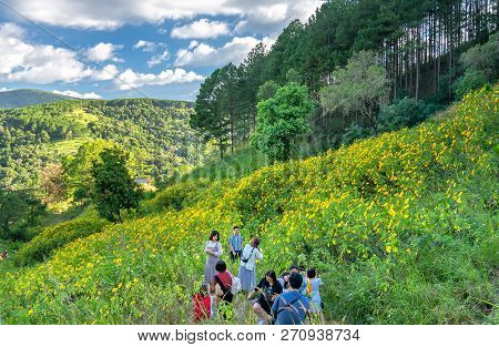 Da Lat, Vietnam - October 27th, 2018: Trippers Are Exploring, Sightseeing And Photography In A Field