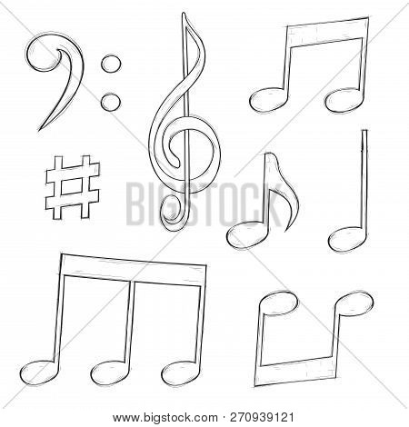 Music Signs. Notes And Symbols Isolated On White Background. Hand Drawn Sketch. Vector Illustration