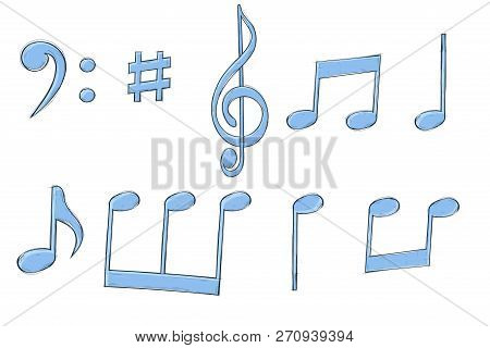 Music Signs. Blue Notes And Symbols On White Background. Vector Illustration