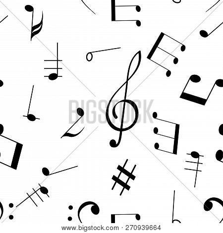 Music Signs. Seamless Pattern. Black Notes And Symbols On White Background. Vector Illustration