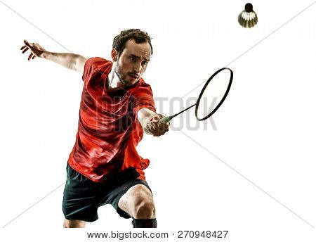 one caucasian Badminton player man in studio shadow silhouette isolated on white background