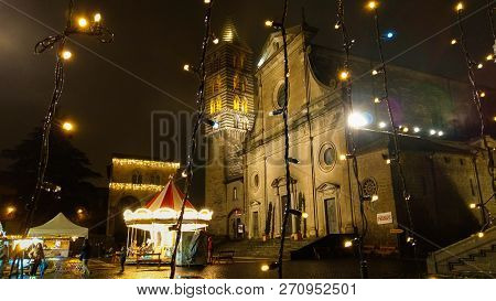 Viterbo, Italy - November 25, 2018: Saint Lawrence Cathedral At Christmas Time In The Medieval Cente