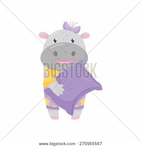 Cute Adorable Hippo With A Bow Standing And Holding Pillow, Lovely Behemoth Animal Cartoon Character