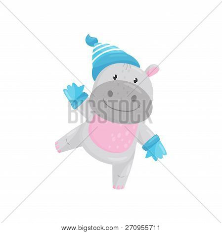 Cute Adorable Hippo Wearing Blue Knitted Hat And Gloves, Lovely Behemoth Animal Cartoon Character Ve