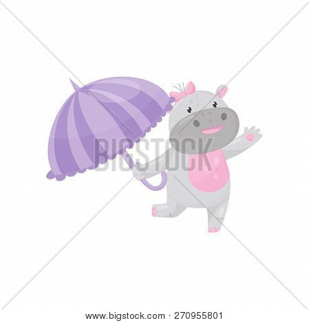 Cute Adorable Hippo Walking With Umbrella, Lovely Behemoth Animal Cartoon Character Vector Illustrat